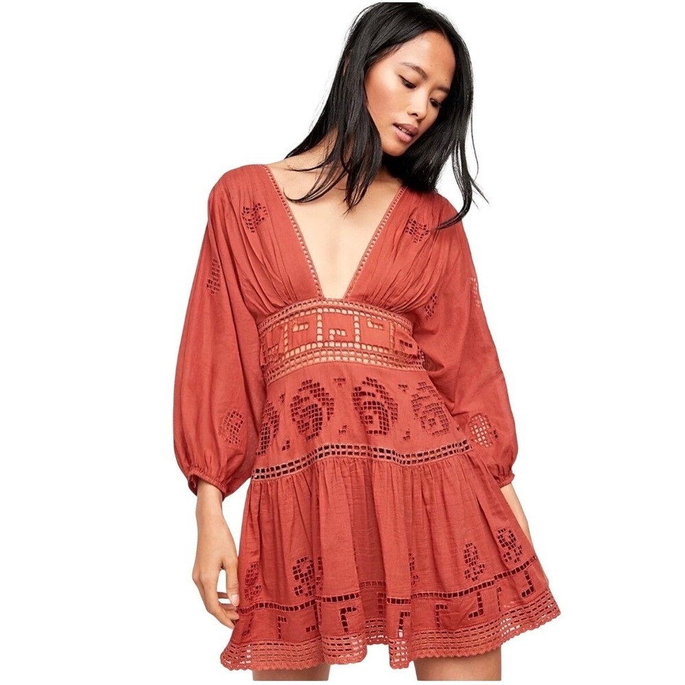 NEW Free People Tea‎ Time Mini Dress Rust Embroidered Boho Festival 10 FLAWED